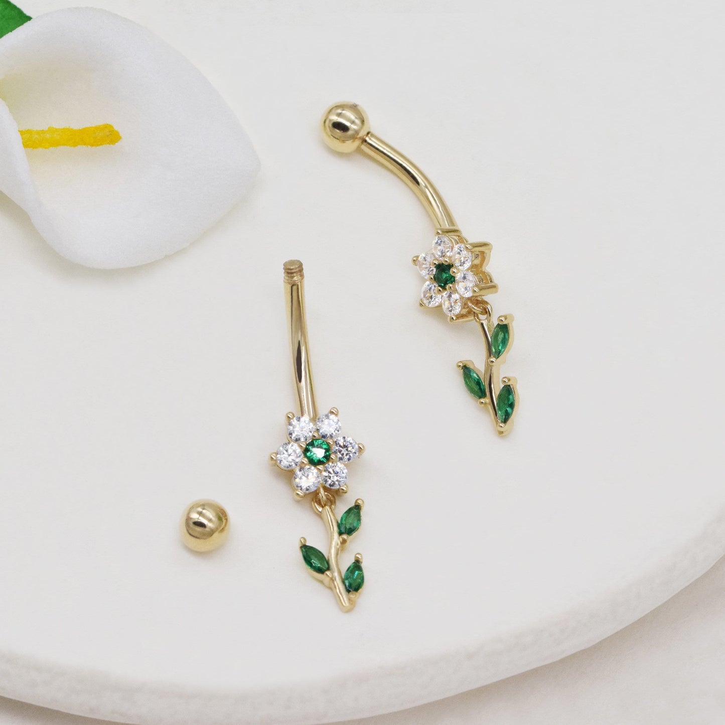 14K Solid Gold Flower Belly Ring Dangly Navel Piercing 14G