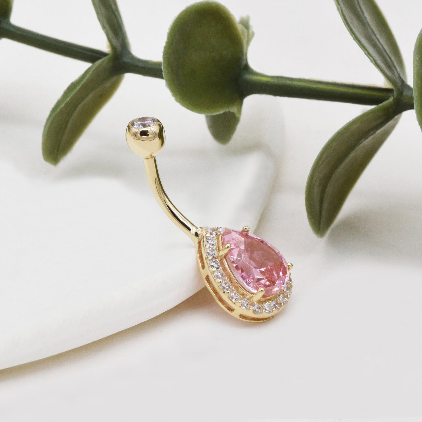 14K Solid Gold Pink Teardrop Belly Ring 14G