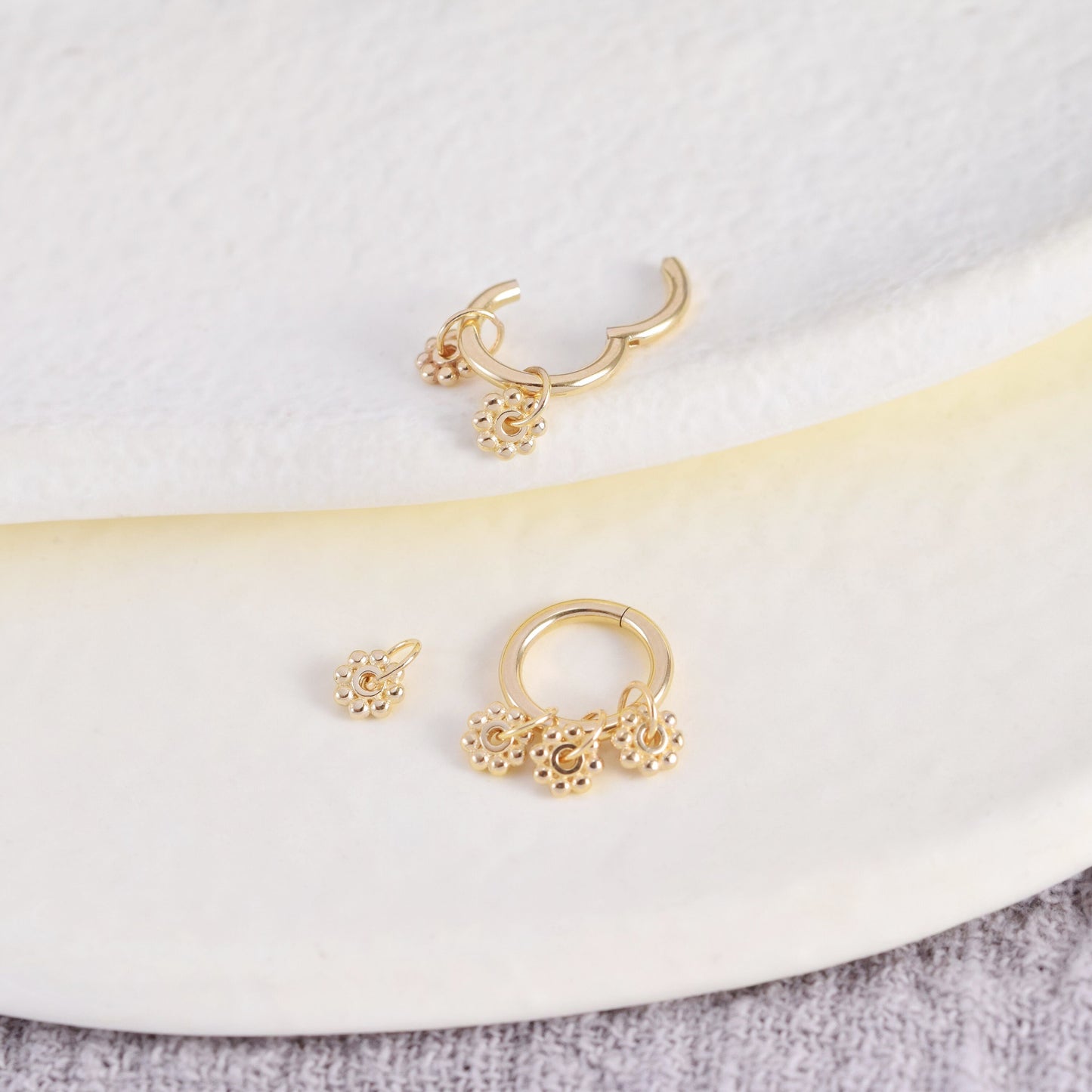 14K Solid Gold Flower Charm Earring Tiny Dot & Circle Stud for Cartilage