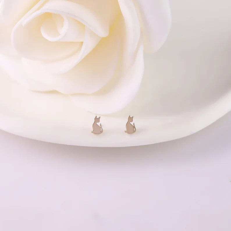 14K Solid Gold Cat Stud Earrings