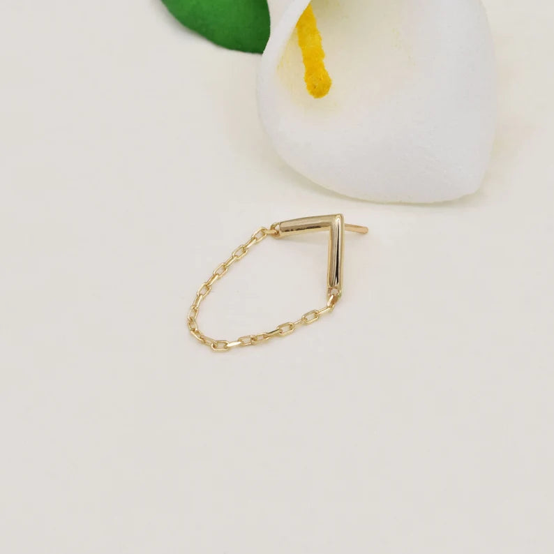 14K Solid Gold Arrow Chain Stud Earring