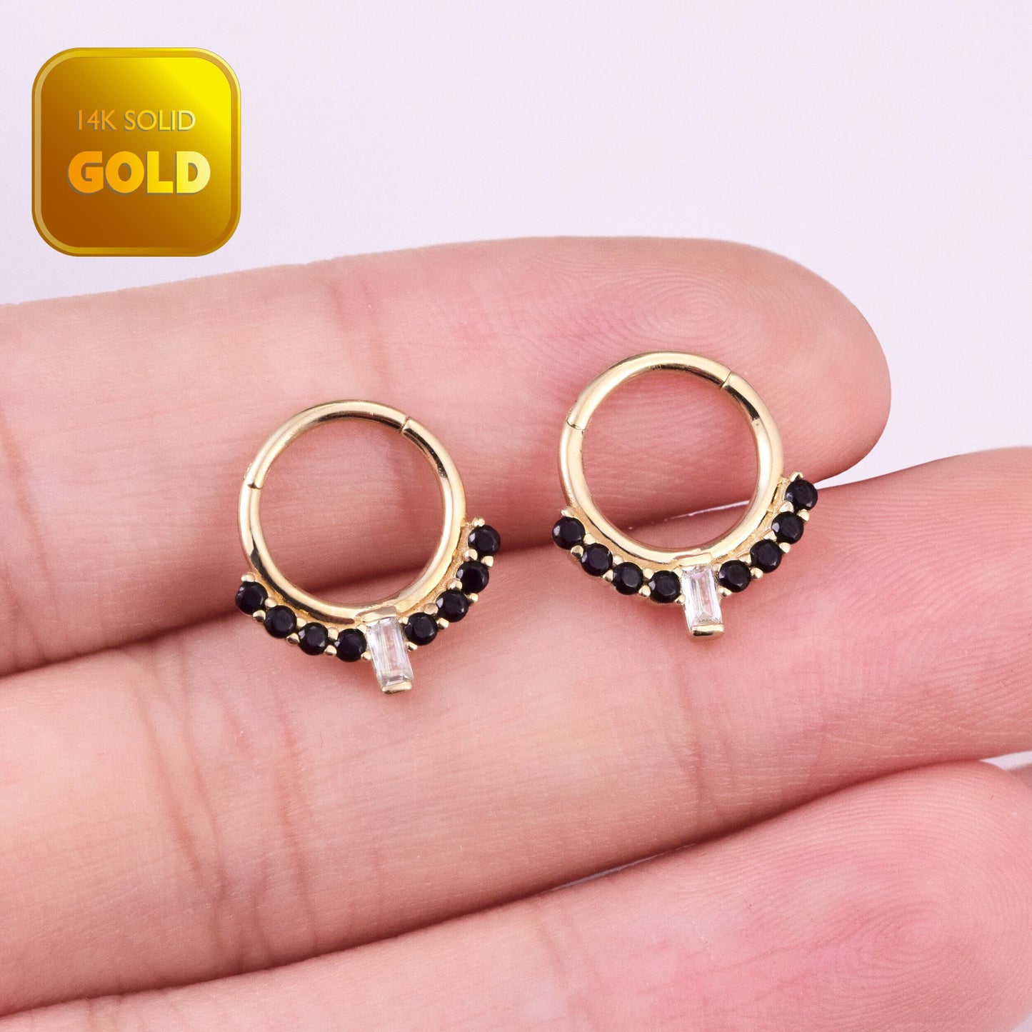 14K Solid gold baguette black stone clicker 16g hoop for septum