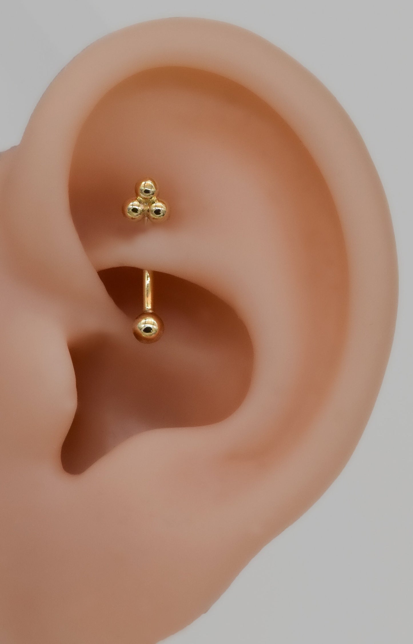 14K Solid Gold Trinity Ball Curved Barbell Earring 16G