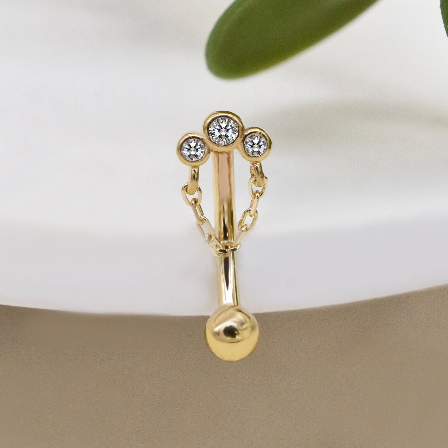 14K Solid Gold 3 Bezel Stone Rook Daith Piercing Chain Curved Barbell