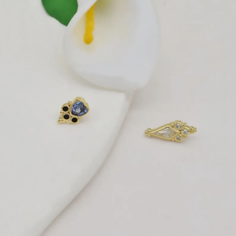 14K Gold Rhombic Tanzanite Cartilage Stud Earring – Flat Back