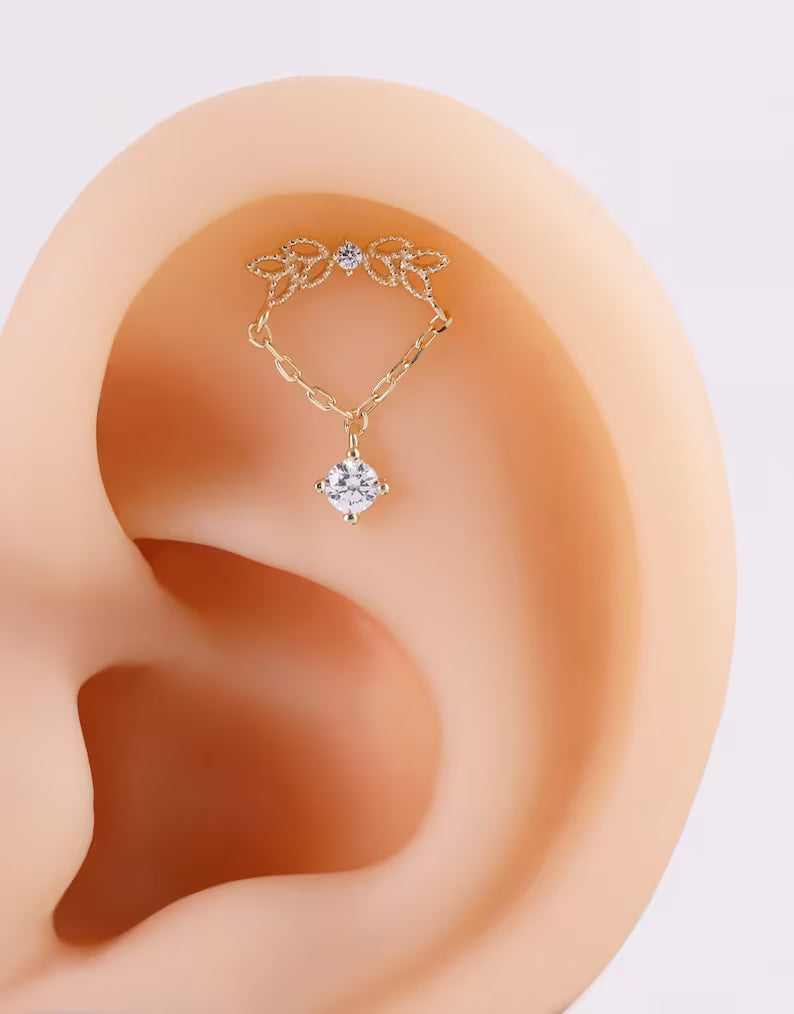 14K Gold Angel Wing Dangle Chain Earring