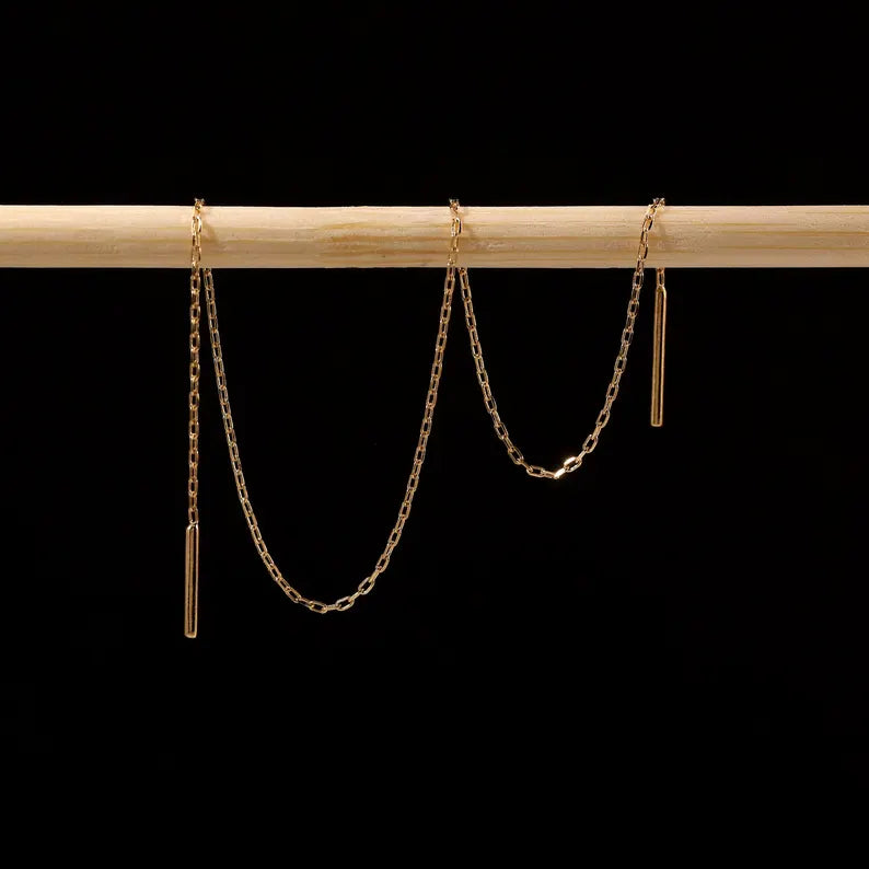 14K Solid Gold Chain Threader Earring