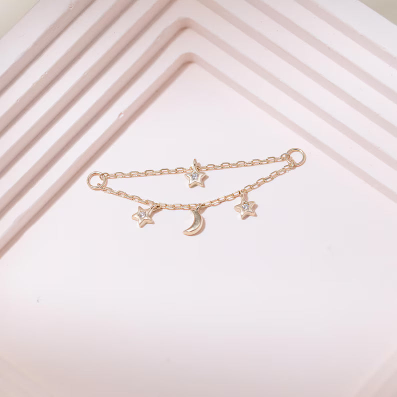 14K Solid Gold Moon Star Chain Charm