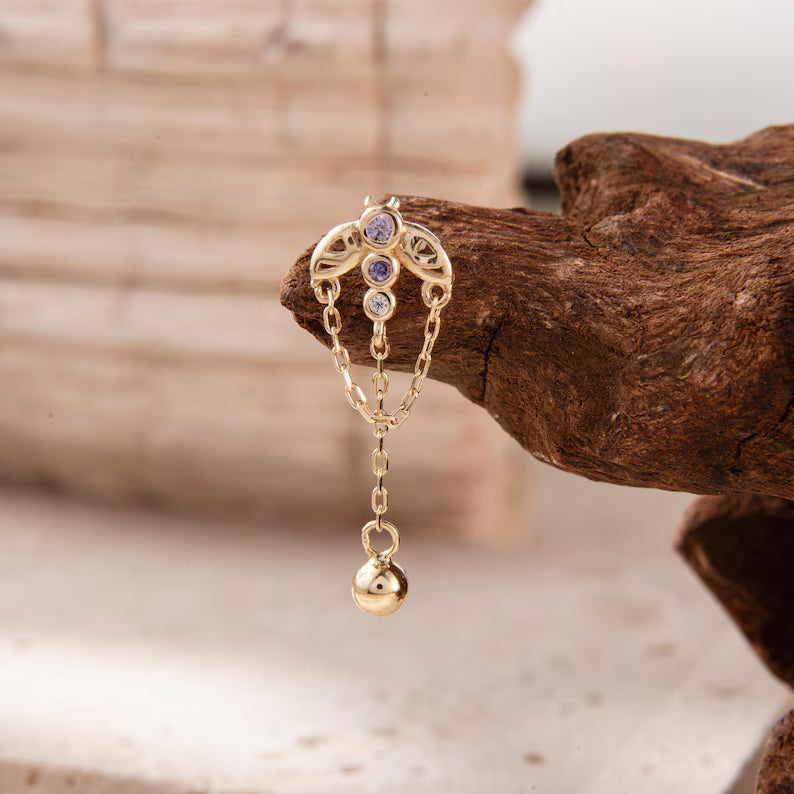 14K Gold Butterfly Chain Stud Earring