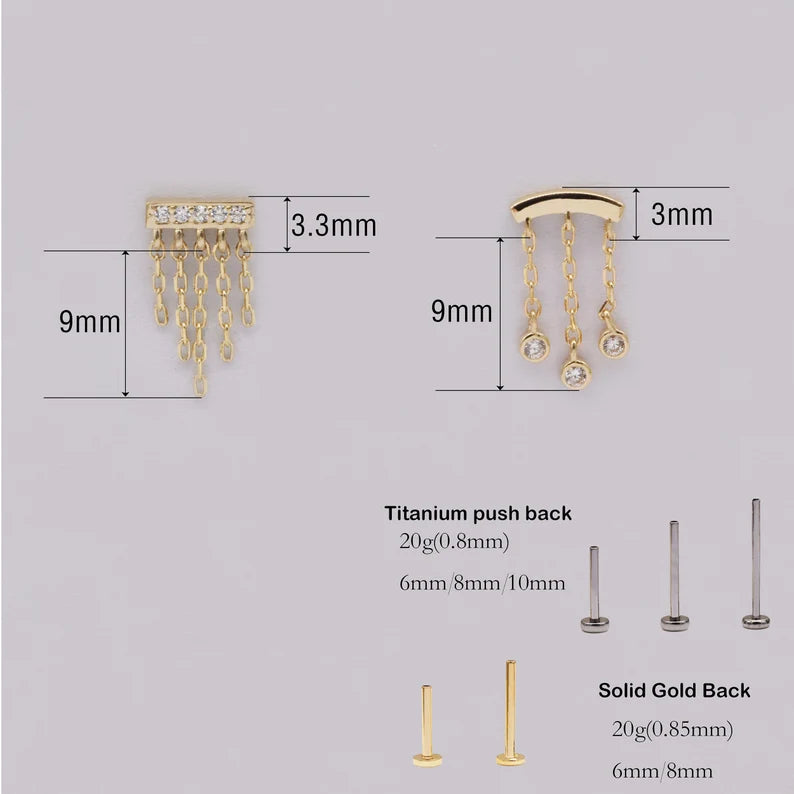 14K Solid Gold Bar Chain Earring