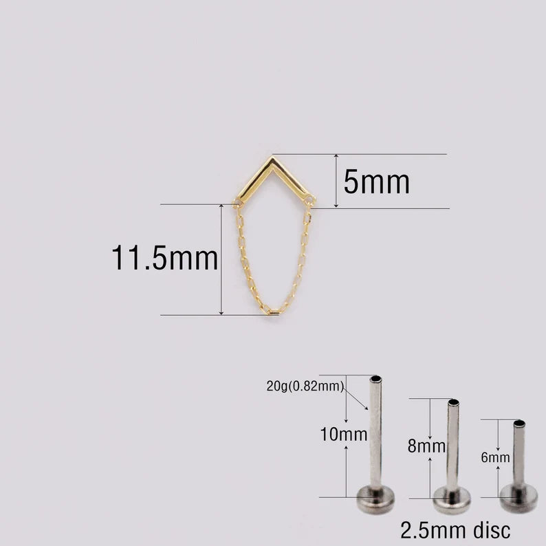 14K Solid Gold Arrow Chain Stud Earring