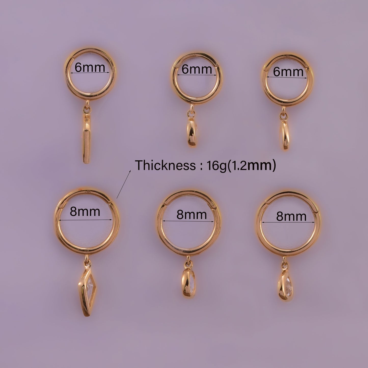 14K Solid Gold Dangle Charm Hoop Earring 16G