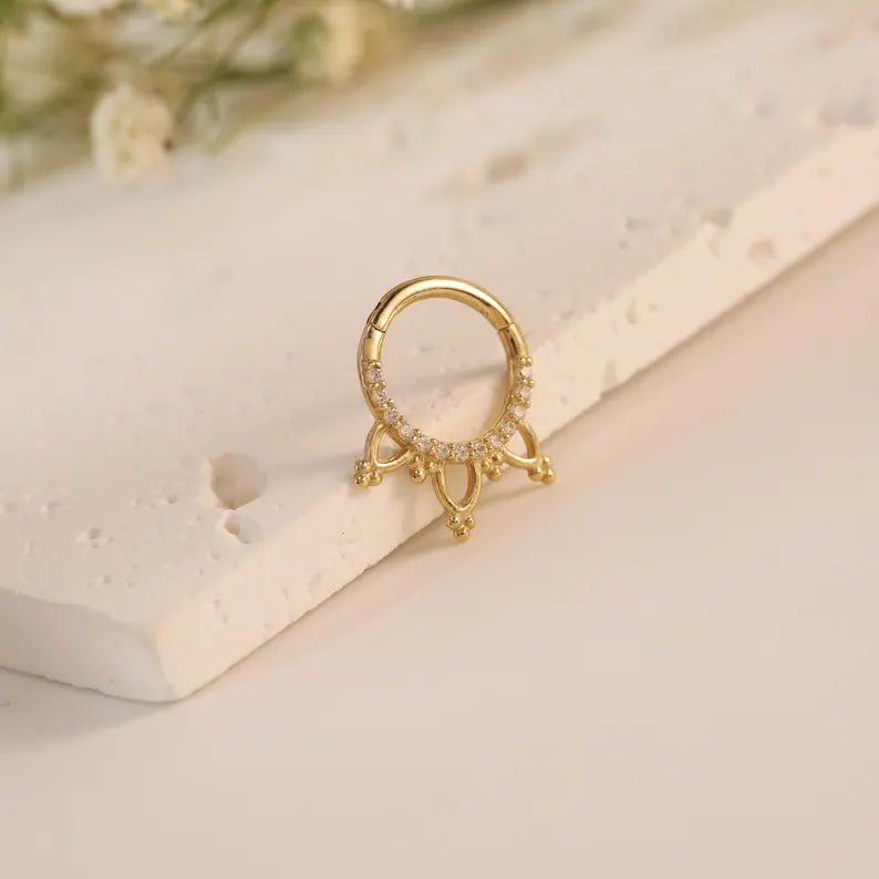 14K Gold Lotus Dangle Septum Hoop 16G