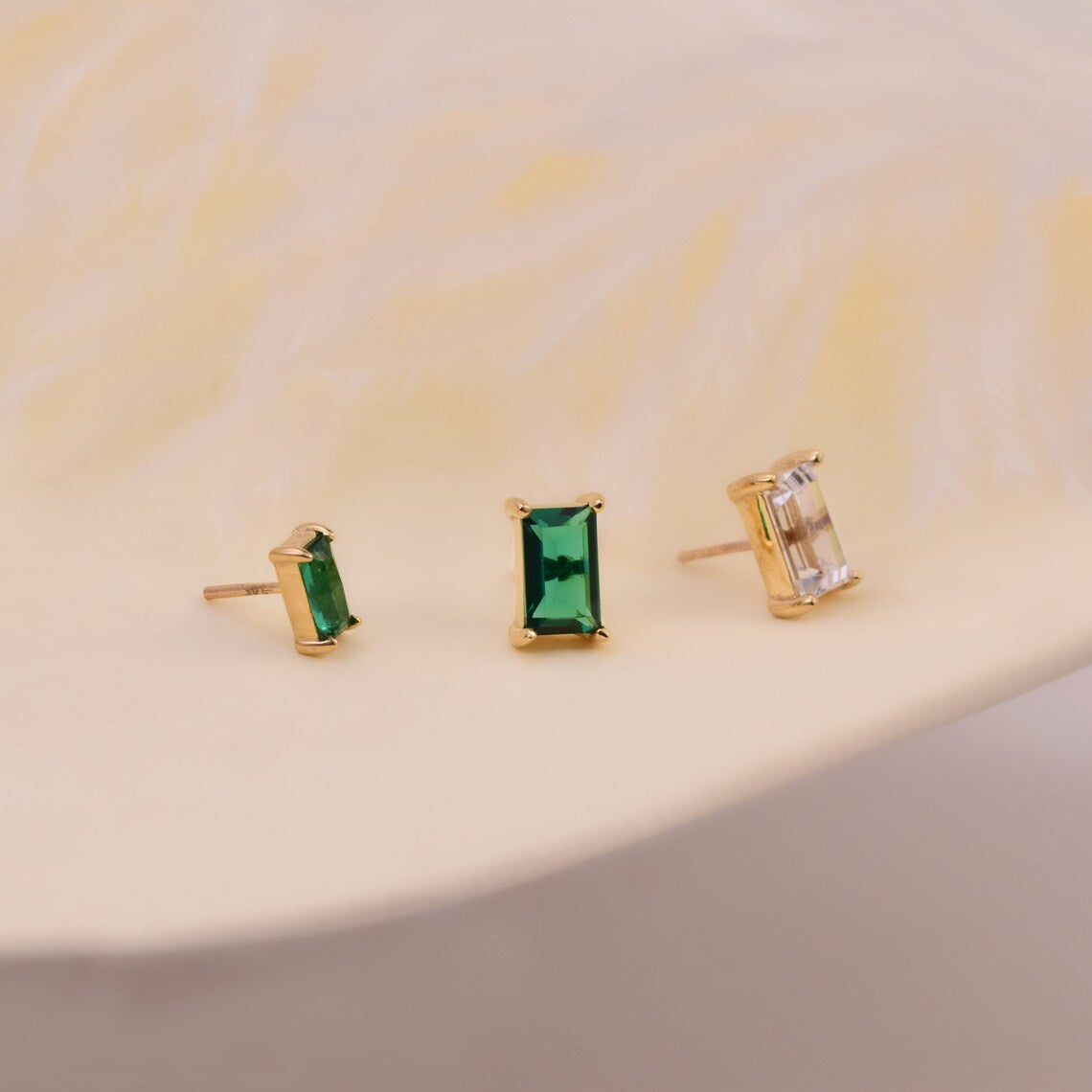 14K Gold Tiny Baguette Emerald Cartilage Stud
