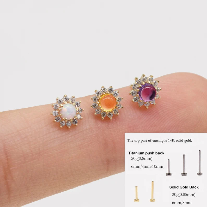 14K Gold Sunflower Opal Cartilage Stud Earring