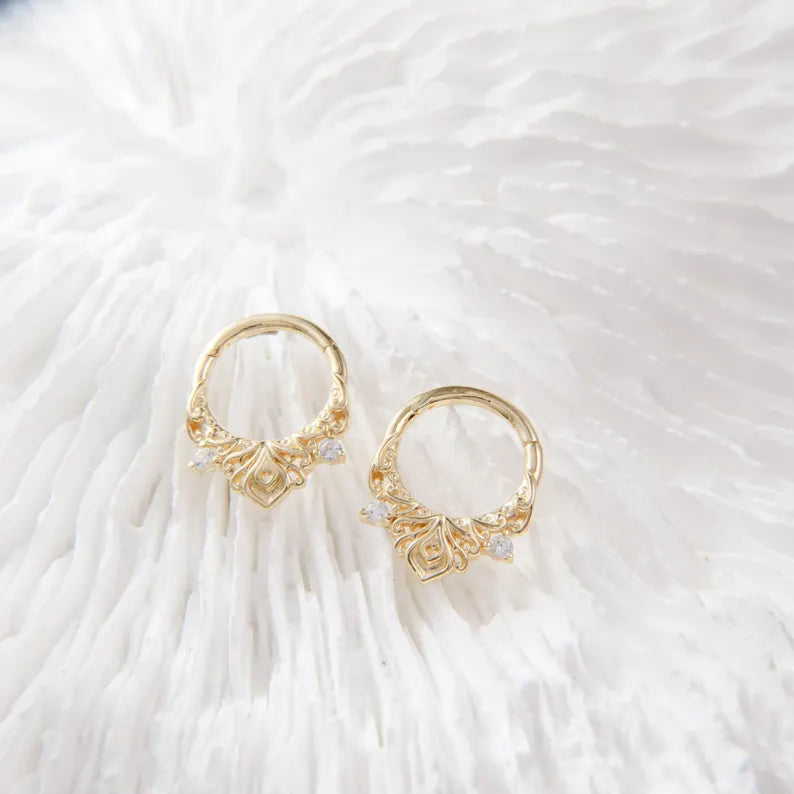 14K Solid Gold Floral Septum Hoop