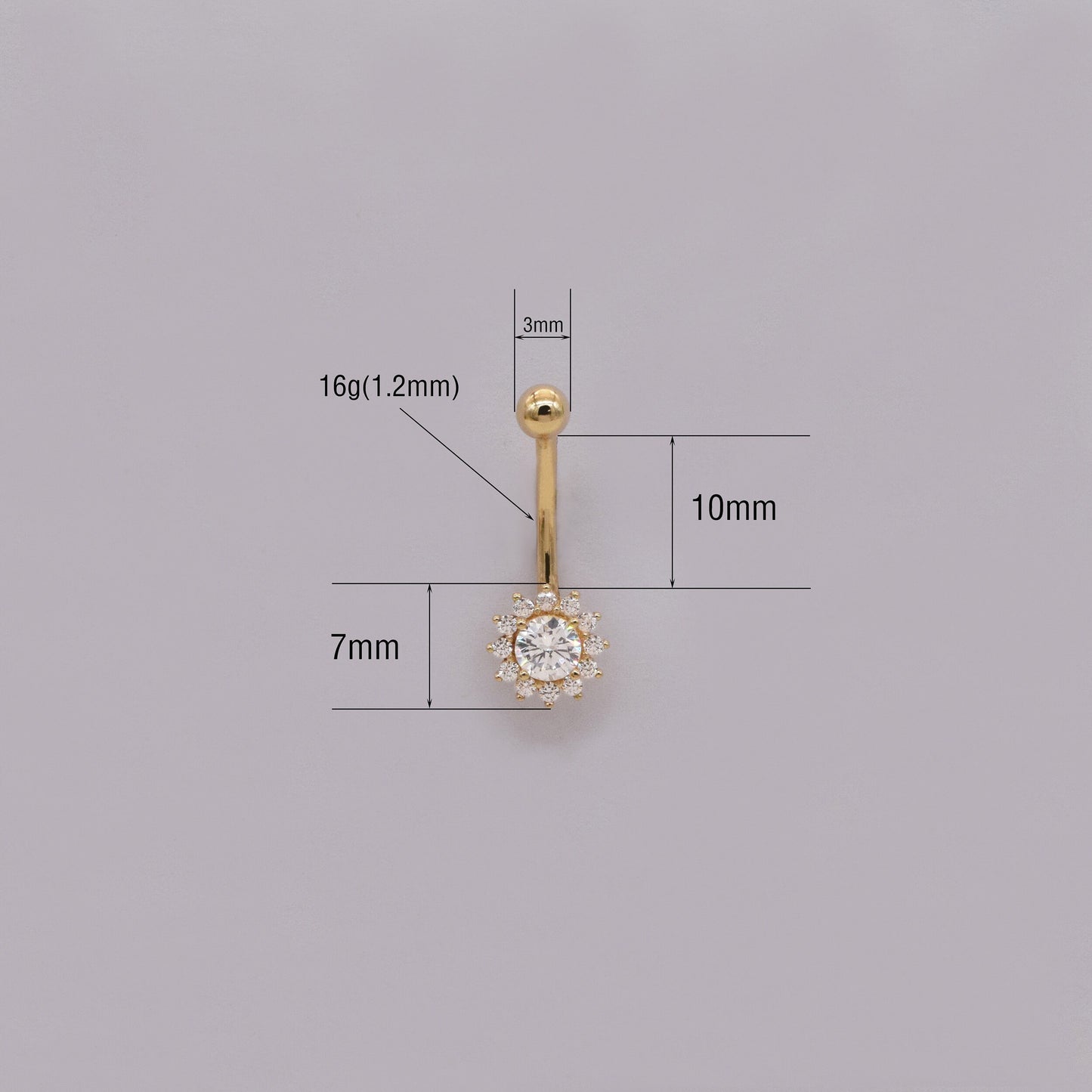 14K Solid Gold Flower Rook Curved Barbell Sunflower Belly Ring 16g