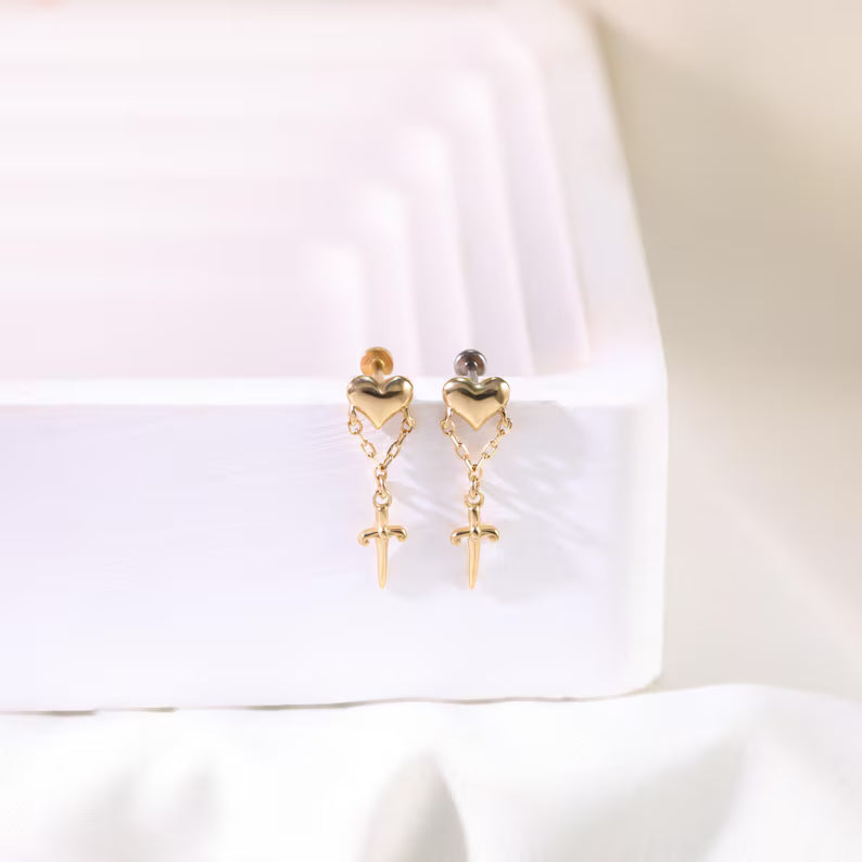 14K Gold Heart Sword Dangle Piercing Studs