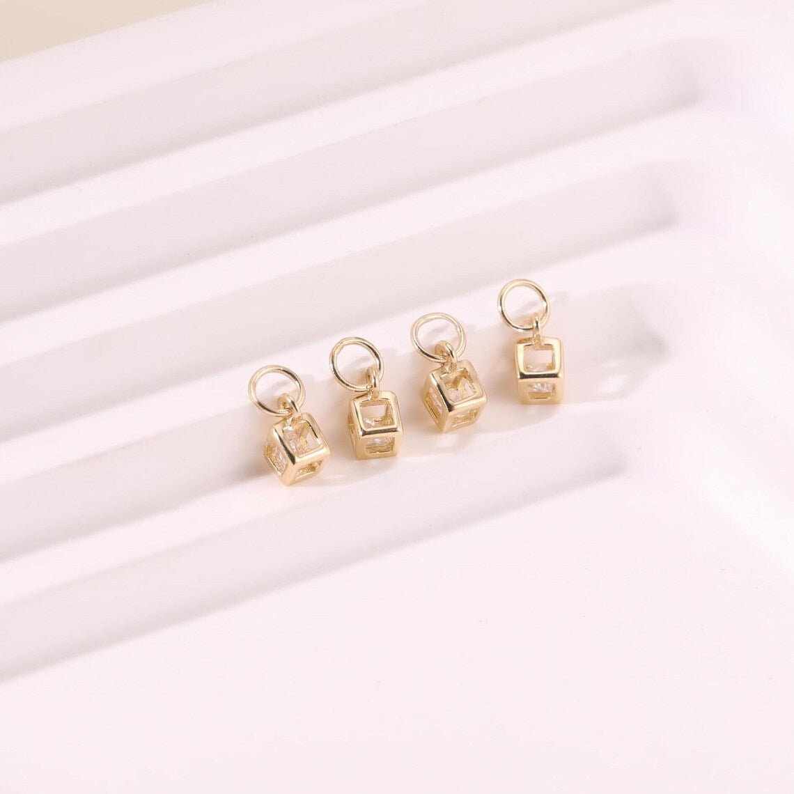 14k Solid Gold Hollow CZ Cube Charm Stud Earring
