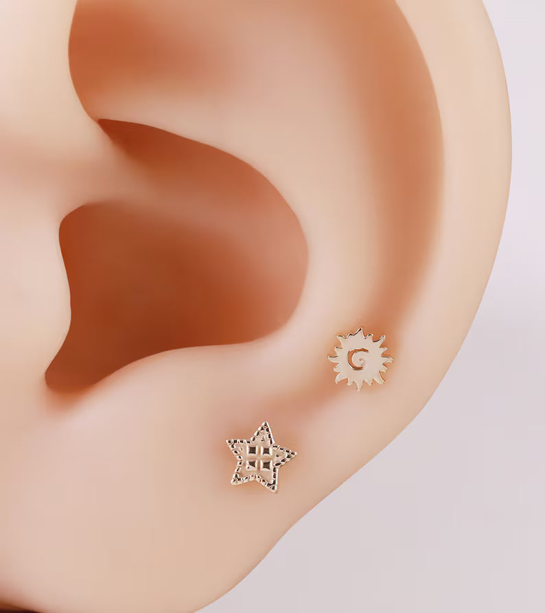 14K Solid Gold Sun & Star Stud Earring for Cartilage
