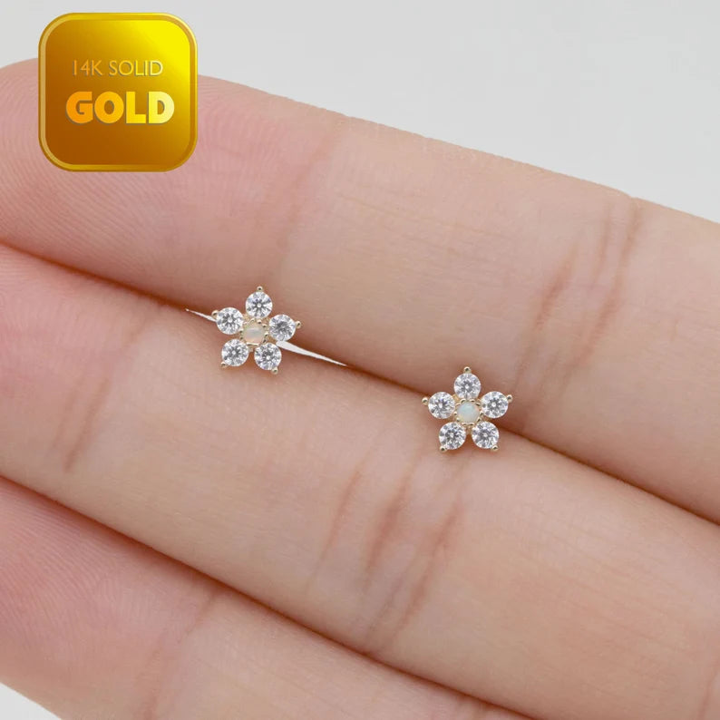 14K Gold Opal Cluster Helix Stud