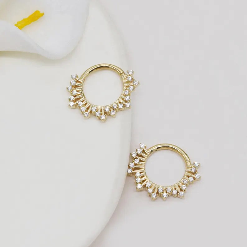 14K Gold Sunburst Daith Septum Hoop 16G