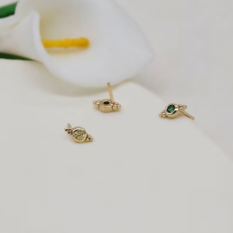 14K Solid Gold Three Bead Helix Stud