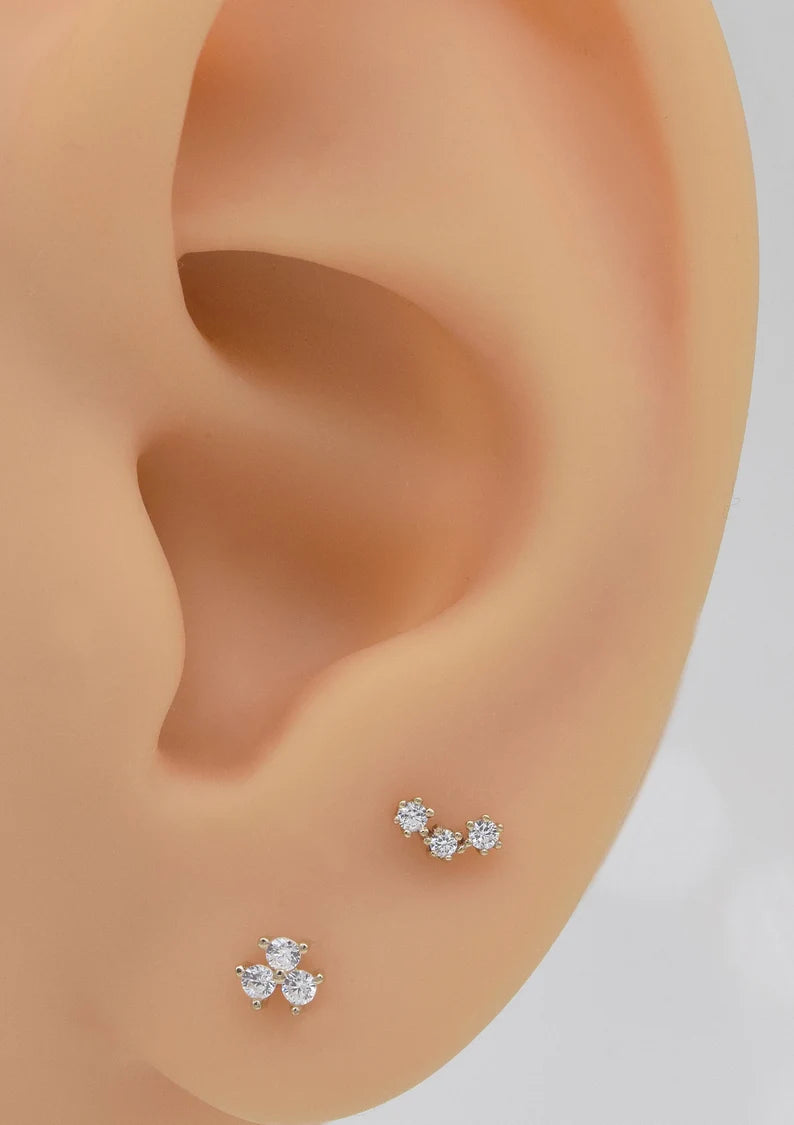 14K Gold Three Stone Cartilage Stud