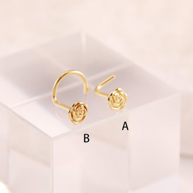14K Solid Gold Flower Nose Stud L Shape S Shape 20g