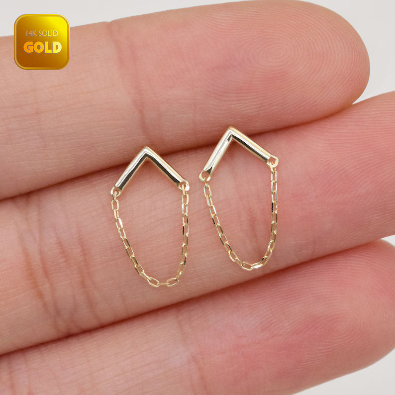 14K Solid Gold Arrow Chain Stud Earring