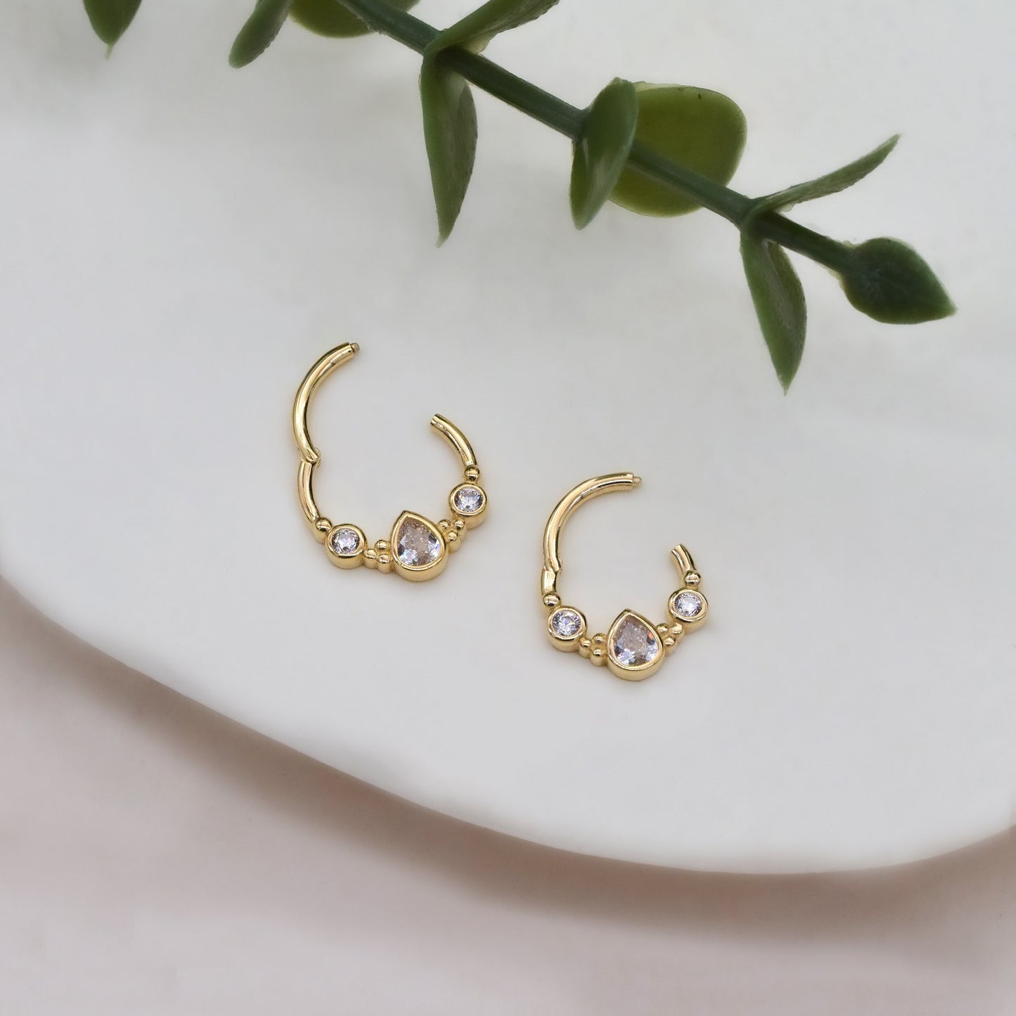 14K Solid Gold Teardrop Bezel Hoop Septum Nose Ring Cartilage Daith 16g
