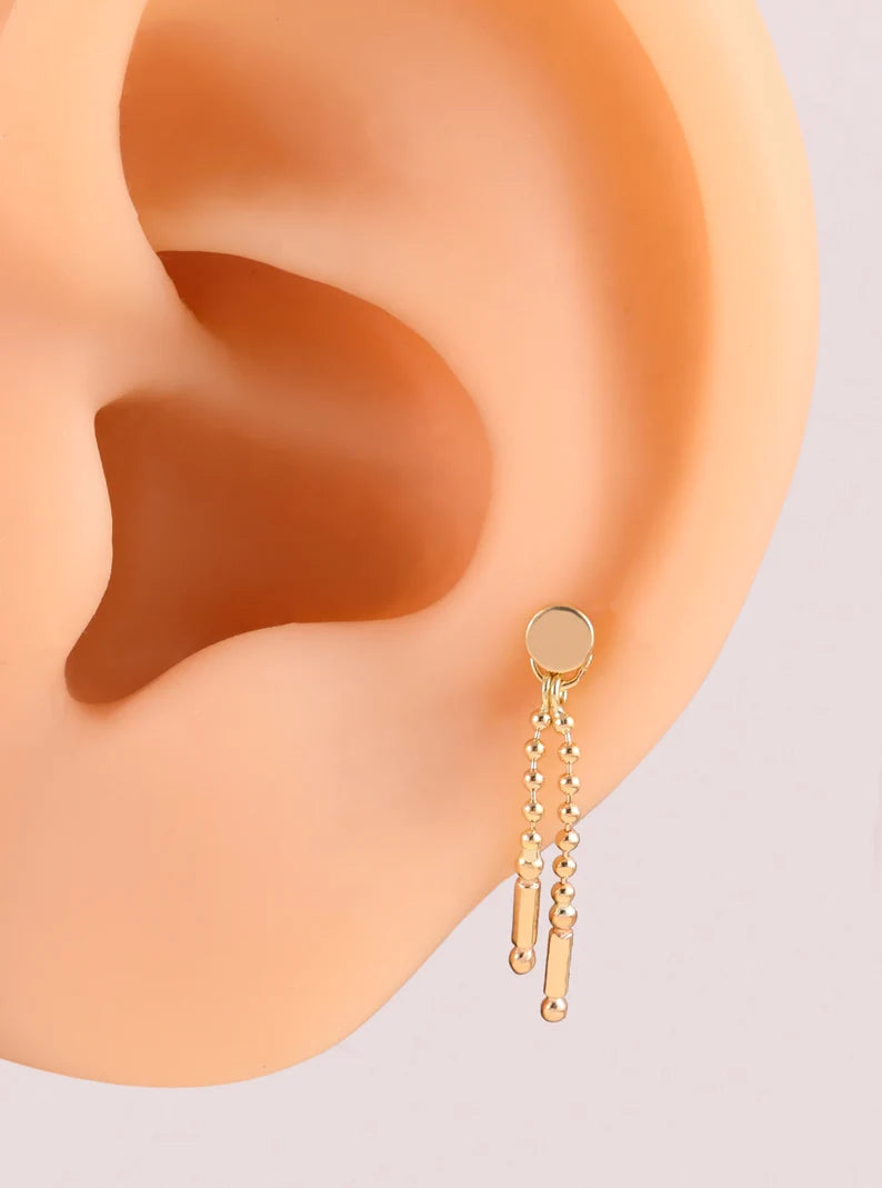 14K Gold Tiny Beaded Chain Dangle Earring