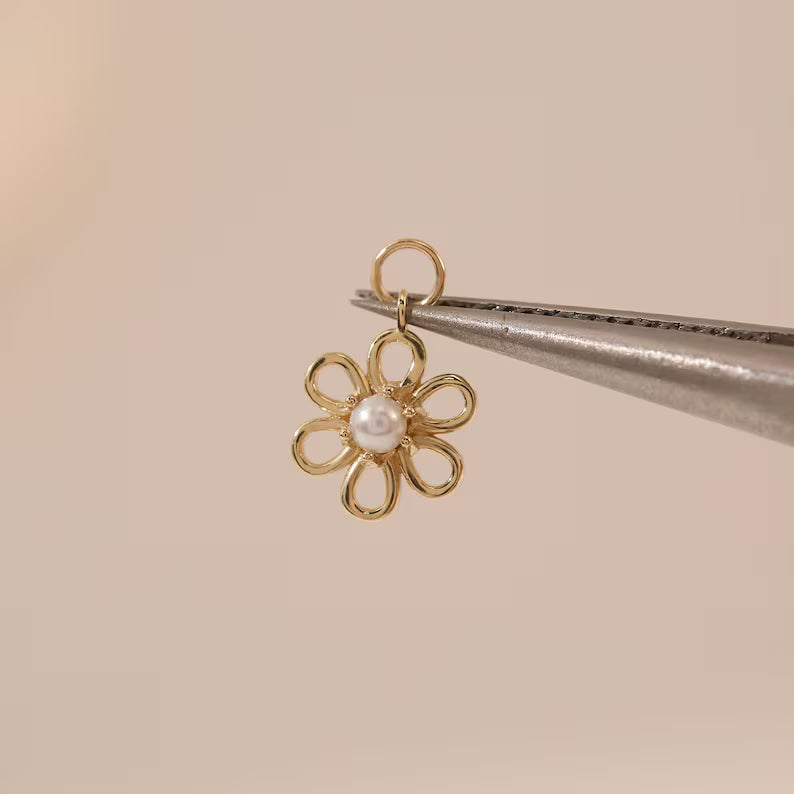 14K Solid Gold Flower Dangle Hoop Earring Charm