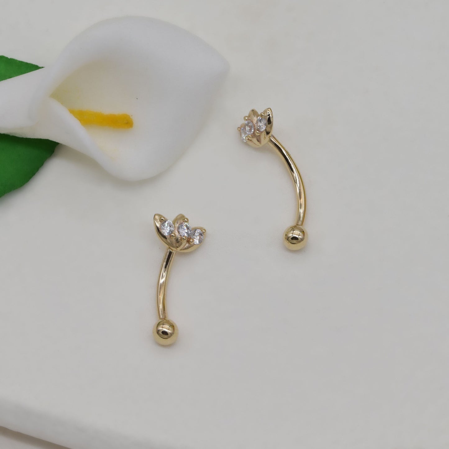 14K Solid Gold Lotus Rook Clover Eyebrow Barbell Navel Ring 16g