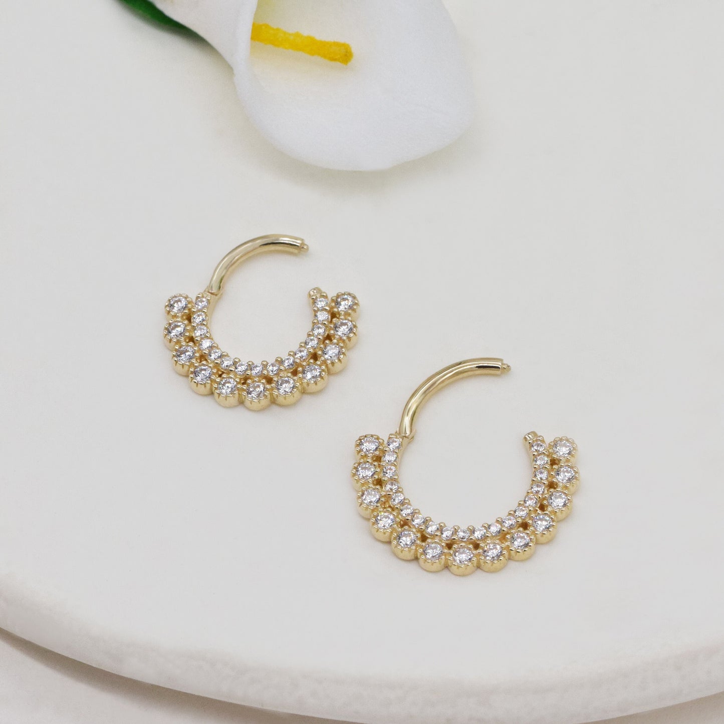 14K Solid Gold Double Row Septum Cubic Zirconia Daith Hoop 16g