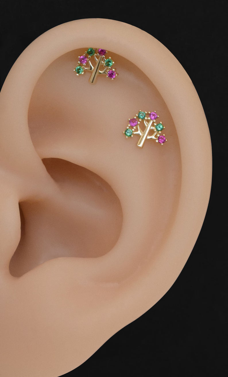 14K Solid Gold Tree Cartilage Helix Conch Tragus Stud