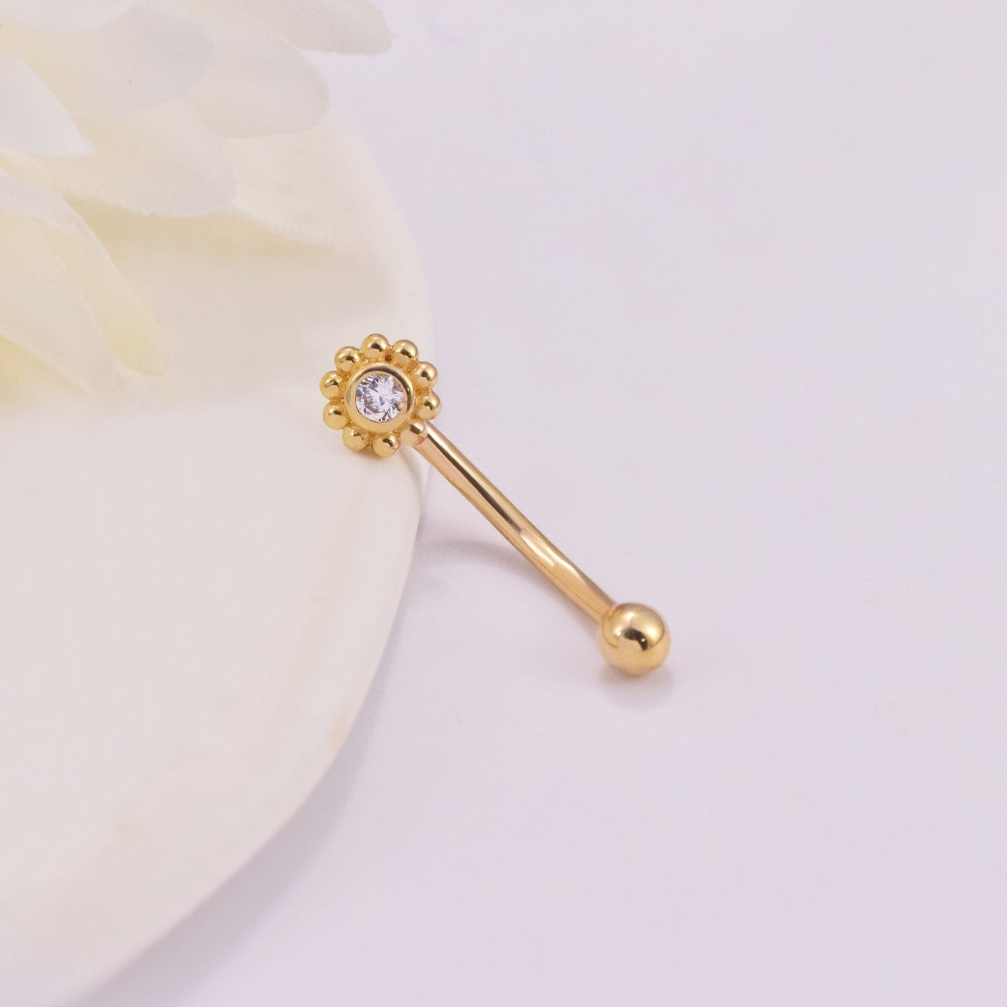 14K Solid Gold Sunflower Rook Piercing Curved Barbell Cubic Zirconia Belly Button 16g