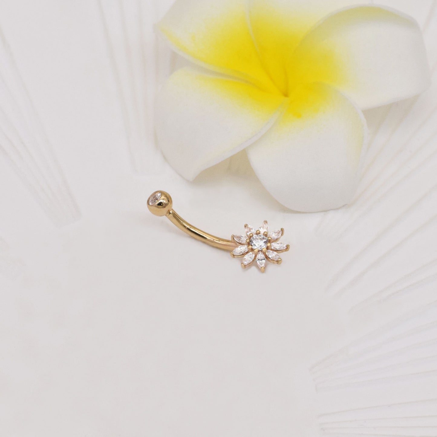 14K Solid Gold Flower Belly Ring Sunflower Cubic Zirconia Navel Piercing 14G