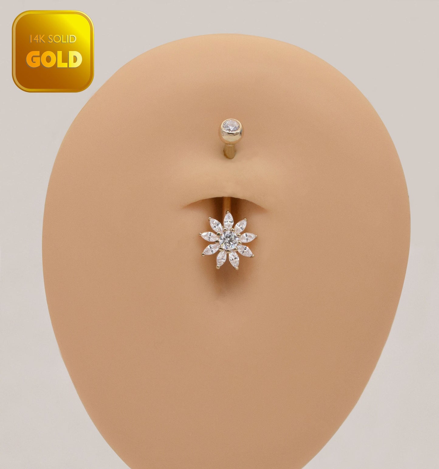 14K Solid Gold Flower Belly Ring Sunflower Cubic Zirconia Navel Piercing 14G