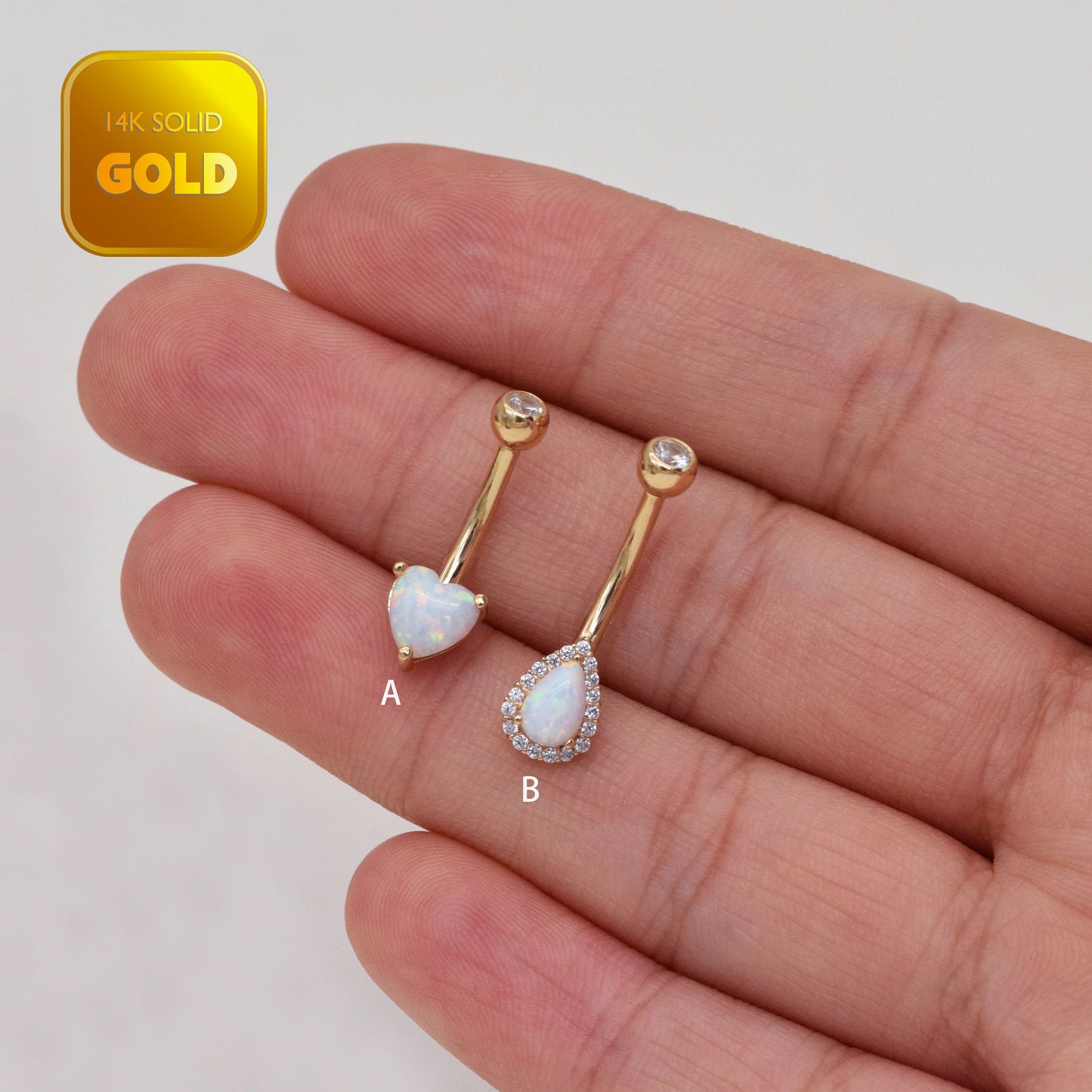 14K Solid Gold Heart Opal Belly Ring Pear Shape Navel Piercing 14g