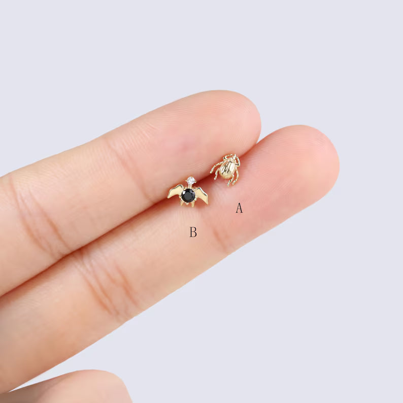 14K Gold Beetle & Bat Cartilage Earring