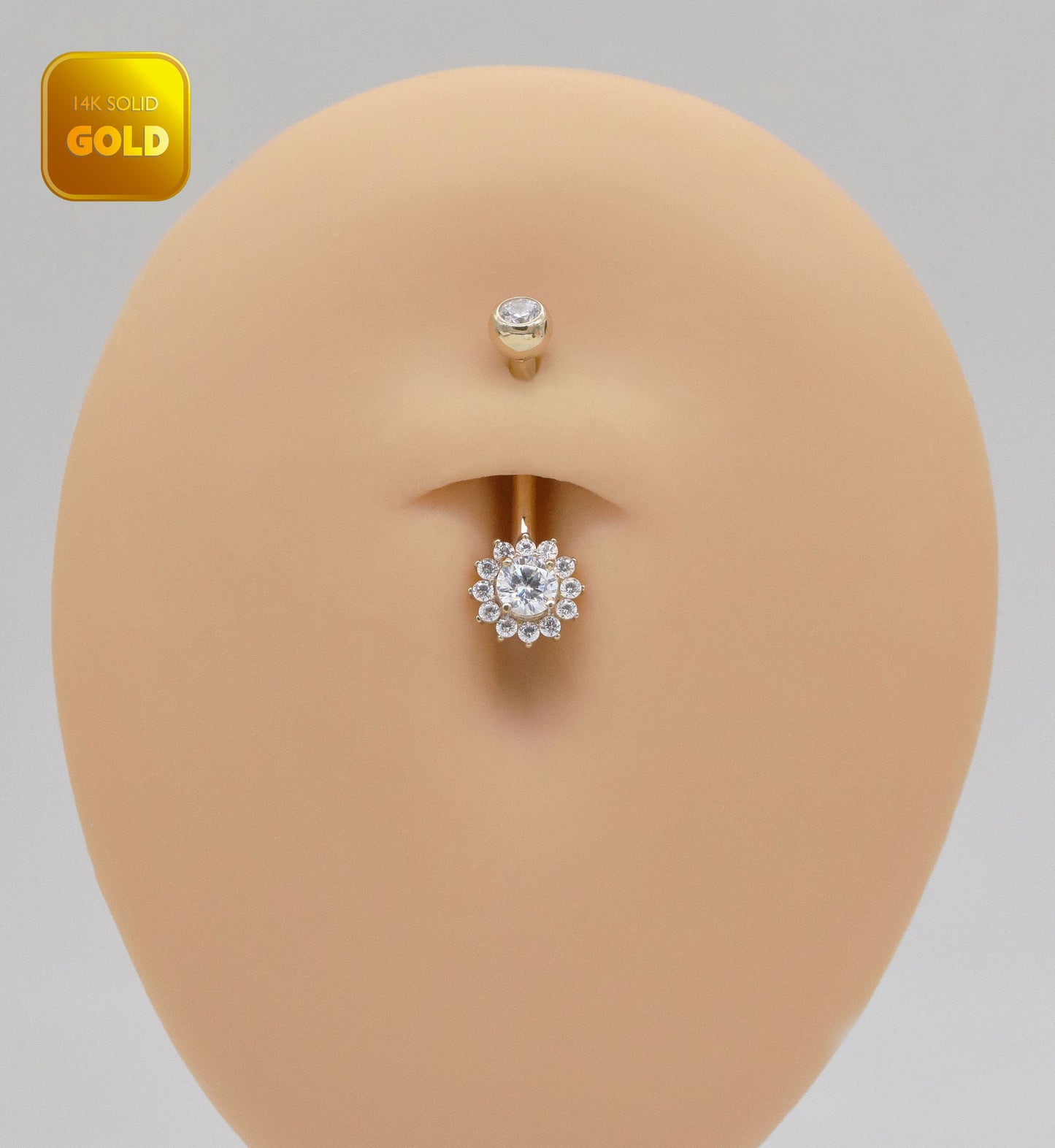 14K Solid Gold Sunflower Belly Ring Curved Barbell 14g