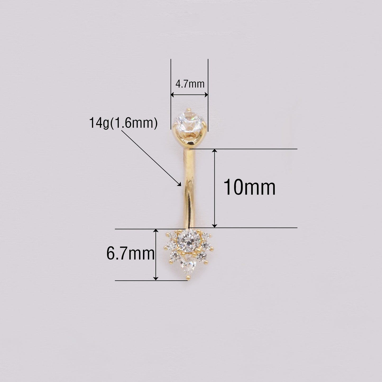 14K Solid Gold Dainty Belly Button Ring Cubic Zirconia Crown Navel Piercing 14g