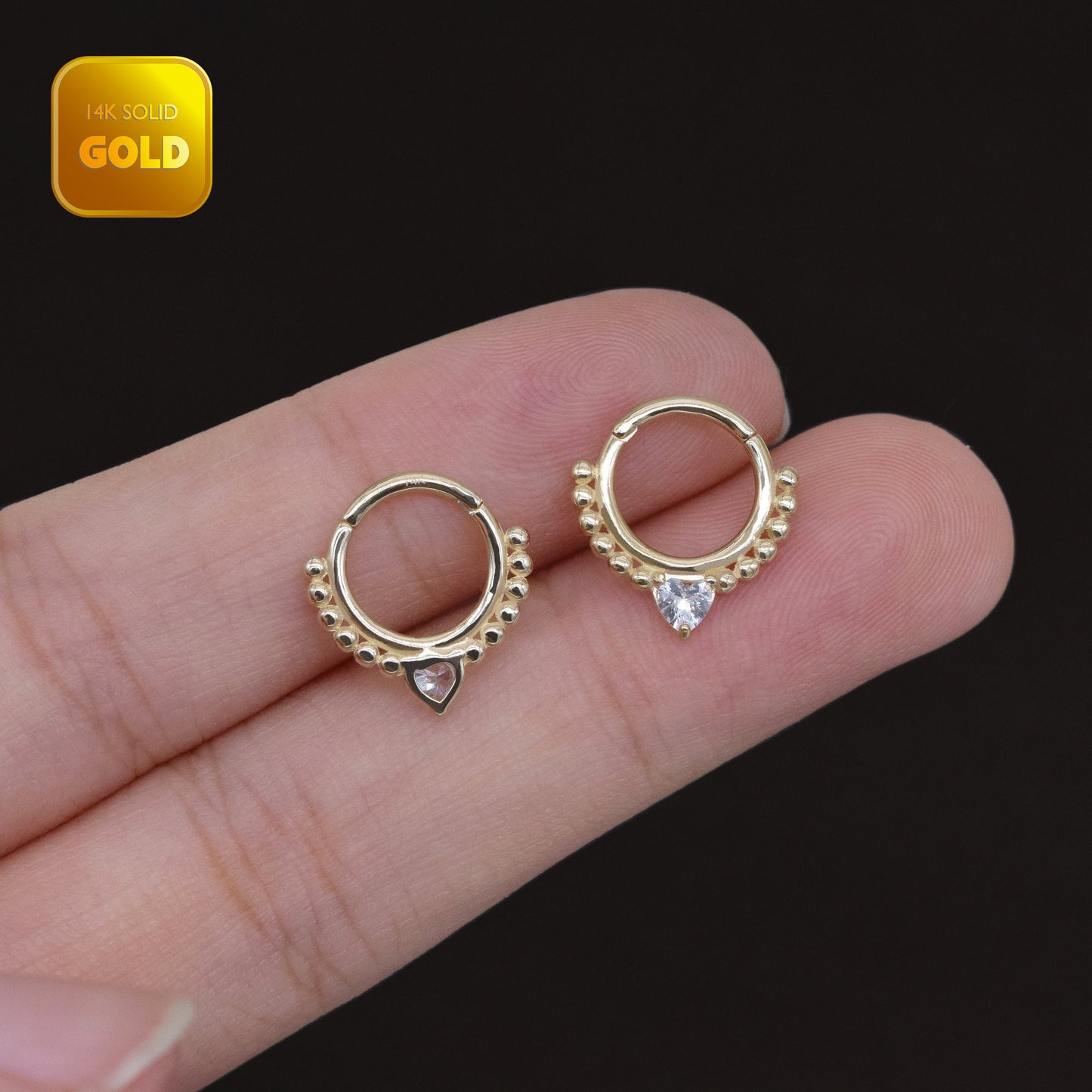 14K Solid Gold Teardrop Beaded Hoop Earrings Diamond Septum Nose Ring 16g