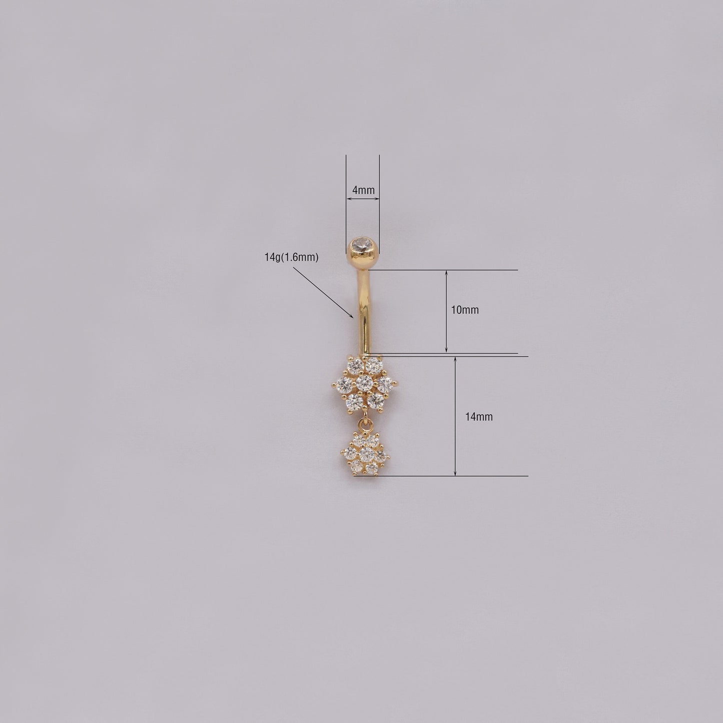 14K Solid Gold Dangle Flower Snowflake Navel Ring 14g