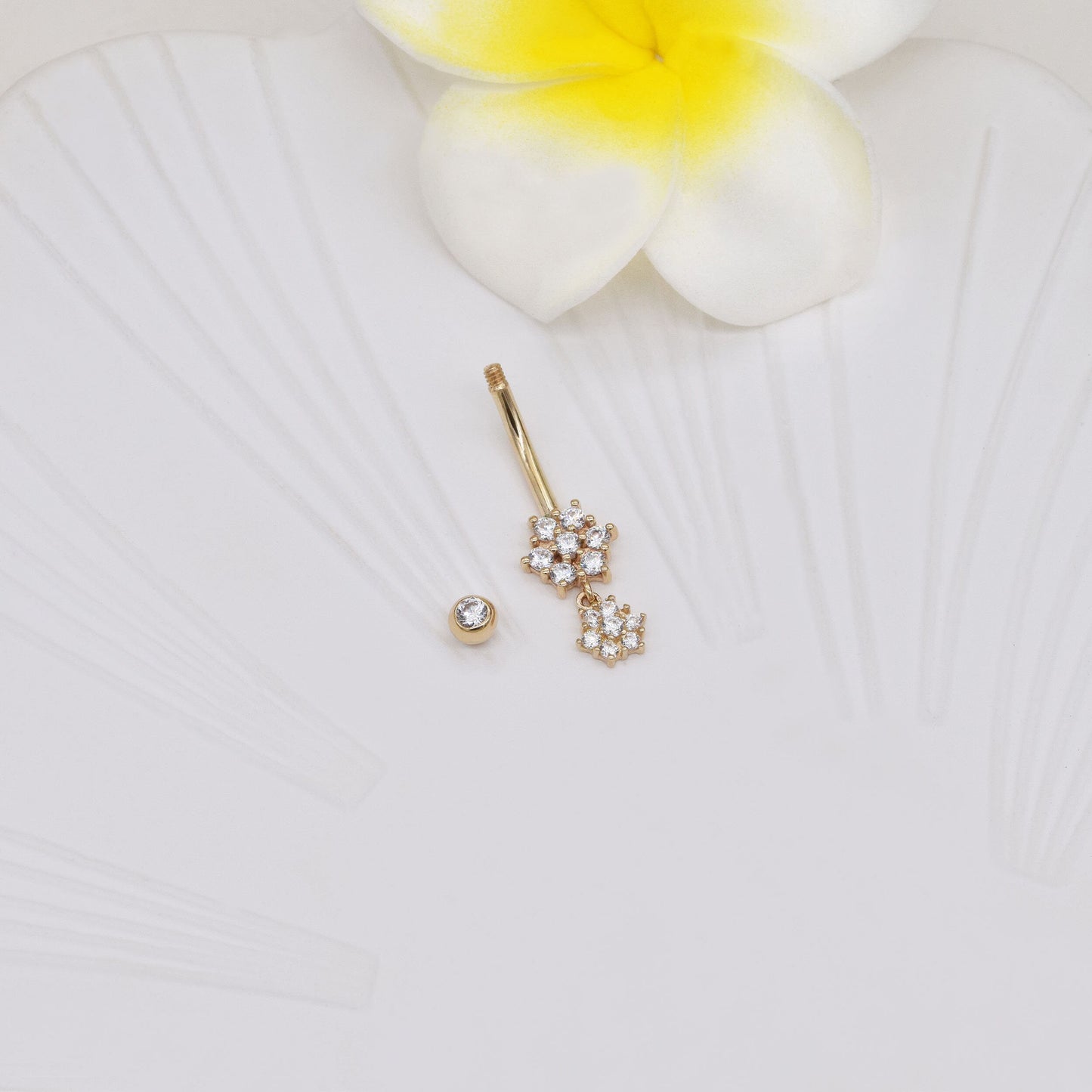 14K Solid Gold Dangle Flower Snowflake Navel Ring 14g