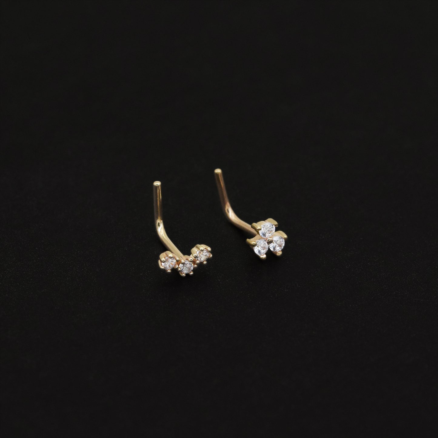 14K Solid Gold Three Stone L-Shape Nose Stud 20g