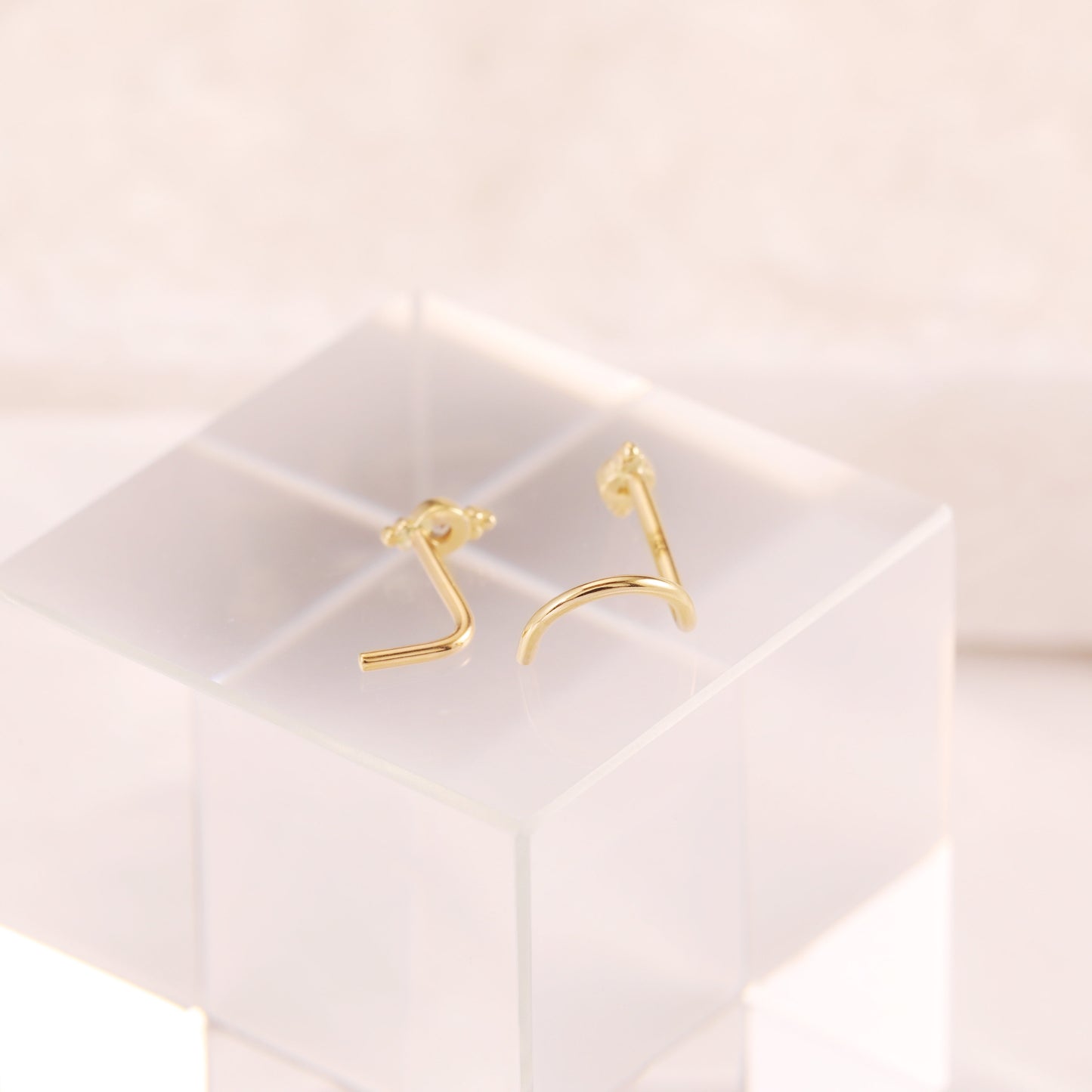 14K Solid Gold S/L Shape Beaded Nose Stud Gemstone 20g
