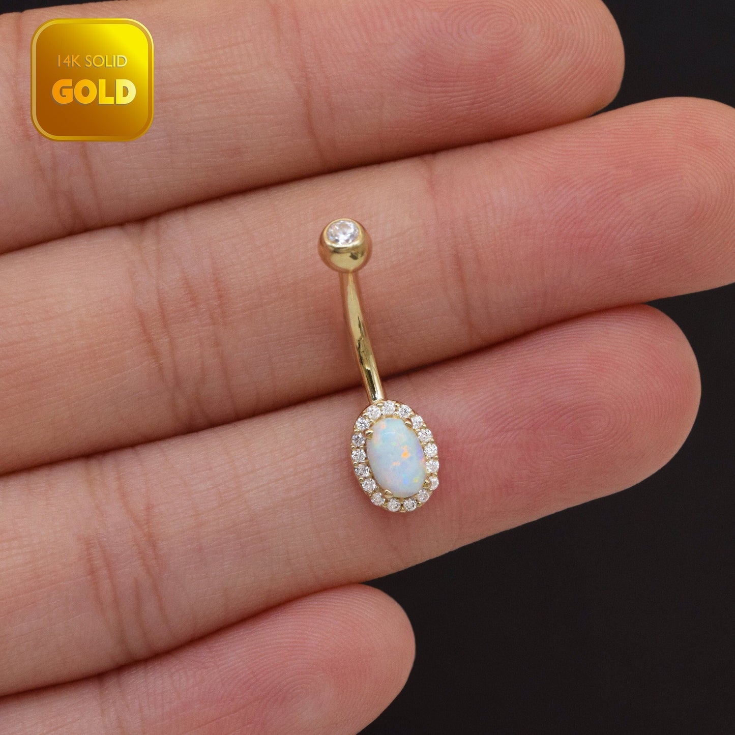 14K Solid Gold Oval Opal Belly Button Ring with Diamond Barbell 14g