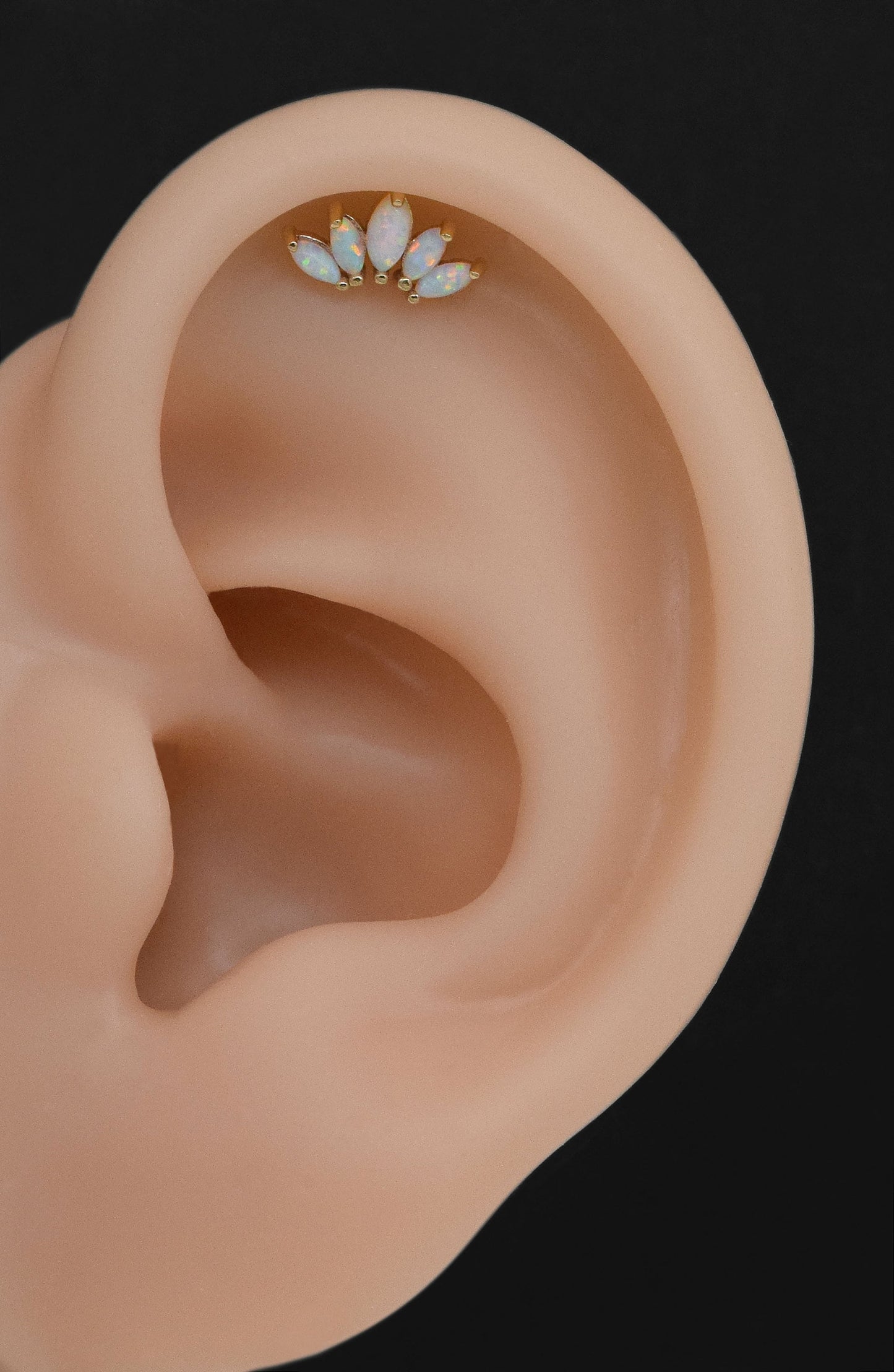 14K Solid Gold Opal Crown Stud Marquise Fan Earring 18g